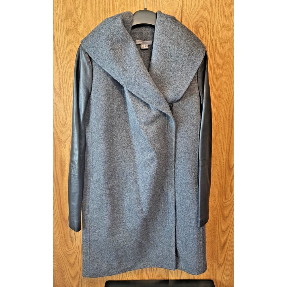 Wool Coat w/Black Lamb Skin Leather Sleeve Shawl Collar Women's Size XS by Vince